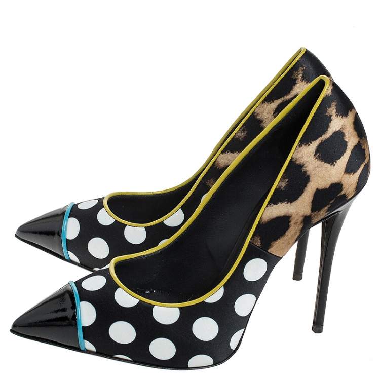Pre Owned Giuseppe Zanotti Multicolor Leopard/Polka Dots Satin and Patent Leather Yvette Pointed Toe Pumps 37.5