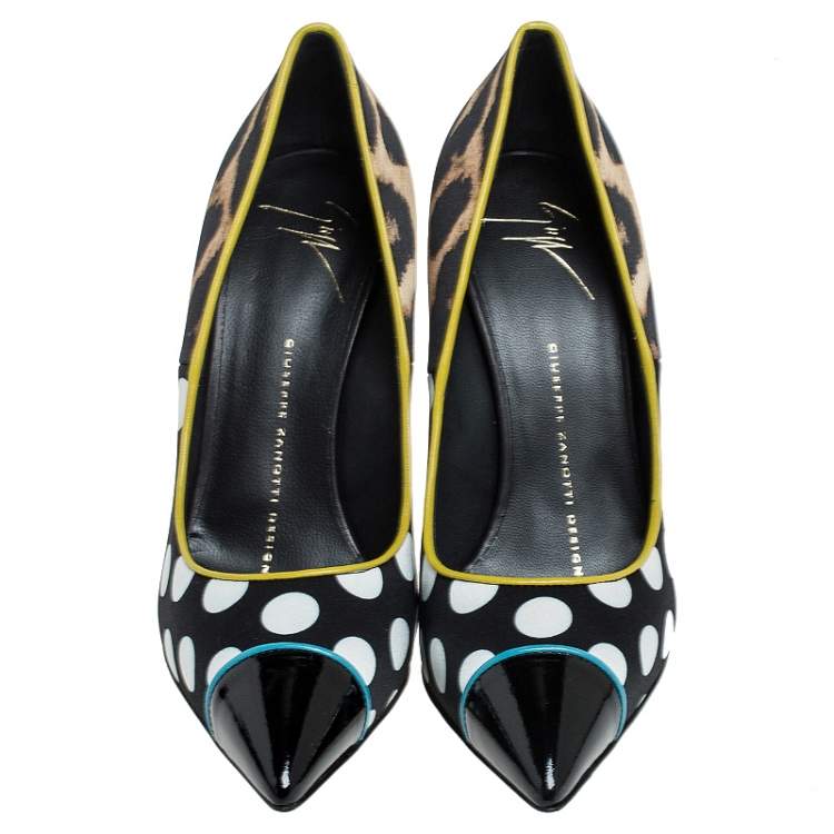 Pre Owned Giuseppe Zanotti Multicolor Leopard/Polka Dots Satin and Patent Leather Yvette Pointed Toe Pumps 37.5
