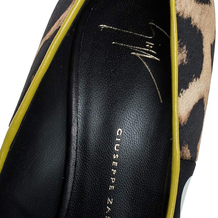Pre Owned Giuseppe Zanotti Multicolor Leopard/Polka Dots Satin and Patent Leather Yvette Pointed Toe Pumps 37.5
