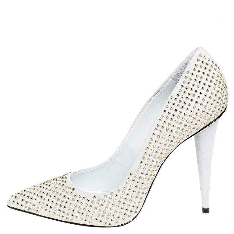 Pre Owned Giuseppe Zanotti White Leather Stud Embellished Ester Pointed Toe Pumps Size 39.5
