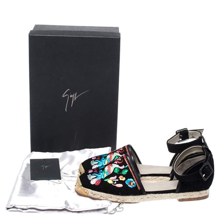 Pre Owned Giuseppe Zanotti Black Embroidered Suede Espadrilles Ankle Strap Flat Sandals Size 40