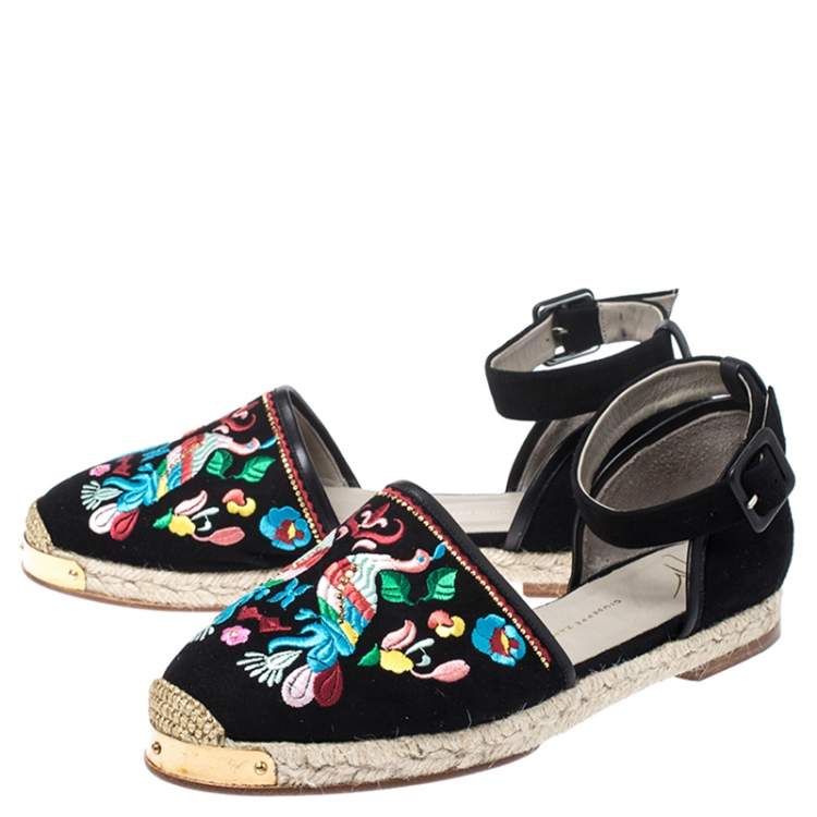 Pre Owned Giuseppe Zanotti Black Embroidered Suede Espadrilles Ankle Strap Flat Sandals Size 40