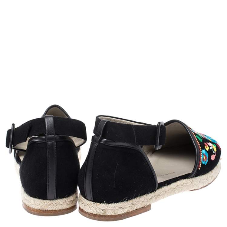Pre Owned Giuseppe Zanotti Black Embroidered Suede Espadrilles Ankle Strap Flat Sandals Size 40