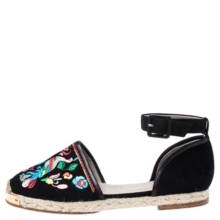 Pre Owned Giuseppe Zanotti Black Embroidered Suede Espadrilles Ankle Strap Flat Sandals Size 40