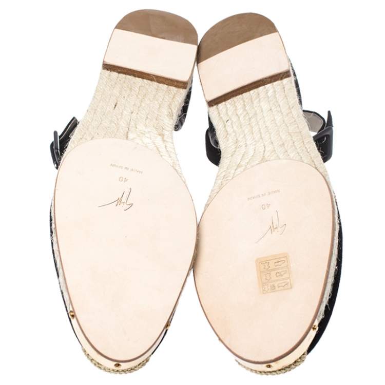 Pre Owned Giuseppe Zanotti Black Embroidered Suede Espadrilles Ankle Strap Flat Sandals Size 40