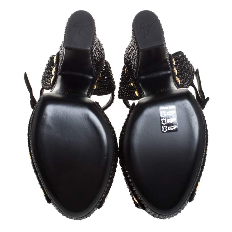 Pre Owned Giuseppe Zanotti Black Crystal Embellished Suede Platform Ankle Strap Sandals Size 40