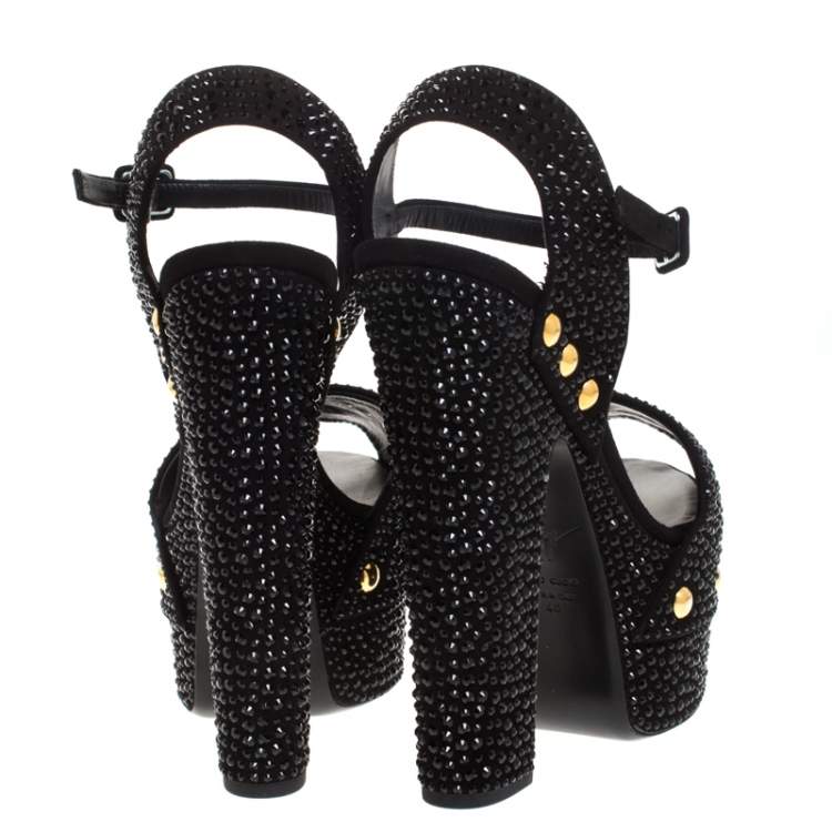 Pre Owned Giuseppe Zanotti Black Embellished Suede Leather Ankle Strap Platform Sandals Size 37