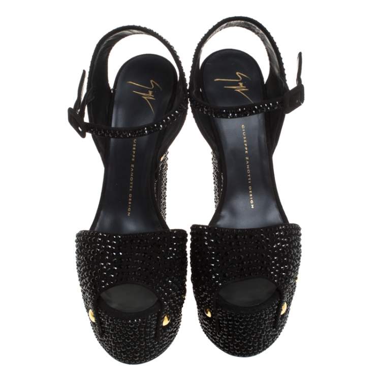 Pre Owned Giuseppe Zanotti Black Embellished Suede Leather Ankle Strap Platform Sandals Size 37