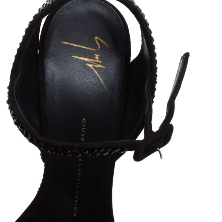 Pre Owned Giuseppe Zanotti Black Embellished Suede Leather Ankle Strap Platform Sandals Size 37