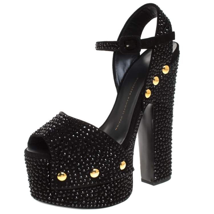 Pre Owned Giuseppe Zanotti Black Embellished Suede Leather Ankle Strap Platform Sandals Size 37
