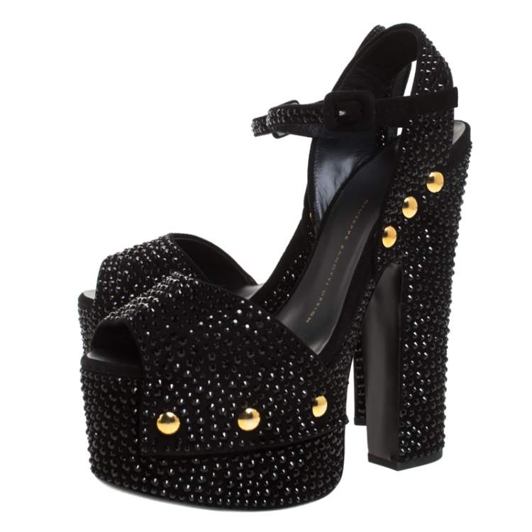 Pre Owned Giuseppe Zanotti Black Embellished Suede Leather Ankle Strap Platform Sandals Size 37