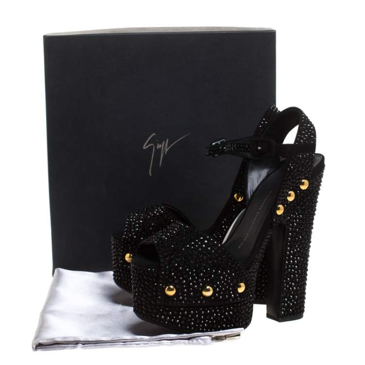 Pre Owned Giuseppe Zanotti Black Embellished Suede Leather Ankle Strap Platform Sandals Size 37
