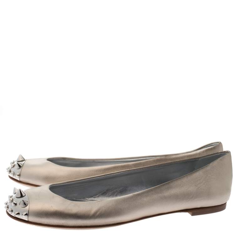 Pre Owned Giuseppe Zanotti Gold Leather Malika Spiked Cap Toe Ballet Flats Size 39.5