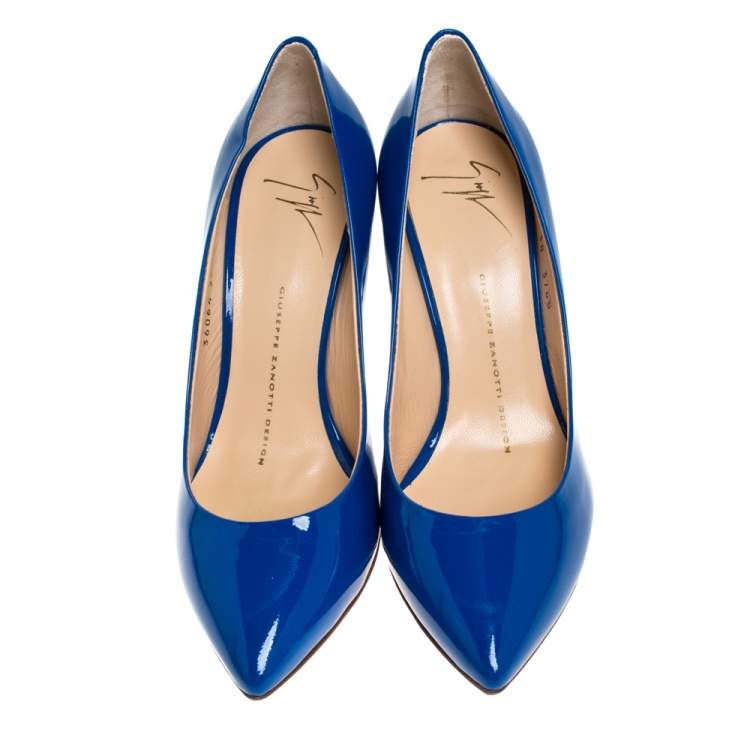 Pre Owned Giuseppe Zanotti Blue Patent Leather Pointed Toe Pumps Size 38