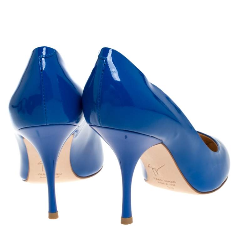 Pre Owned Giuseppe Zanotti Blue Patent Leather Pointed Toe Pumps Size 38