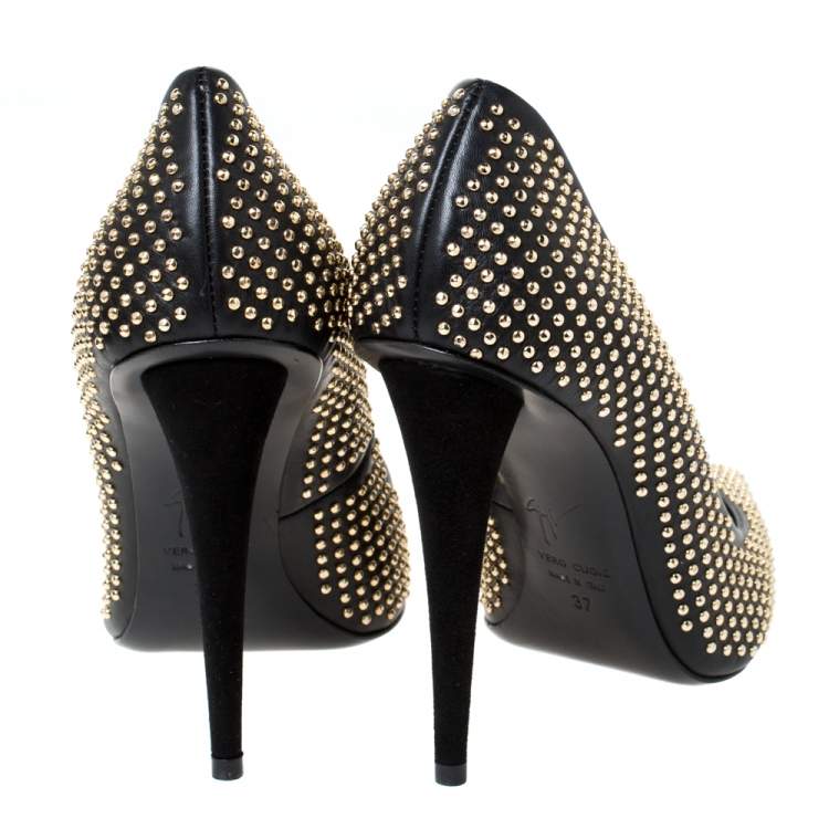Pre Owned Giuseppe Zanotti Black Leather and Suede Ester Studded Pumps Size 37