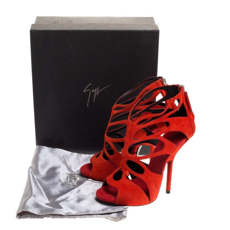 Pre Owned Giuseppe Zanotti Red Suede Cut out Peep Toe Booties Size 37