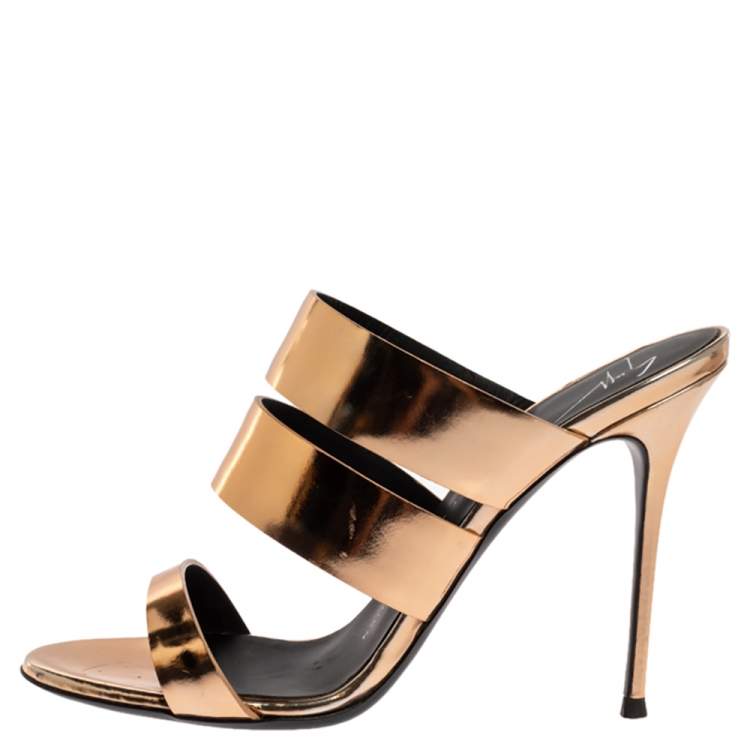 Pre Owned Giuseppe Zanotti Metallic Gold Leather Strappy Slide Sandals Size 38