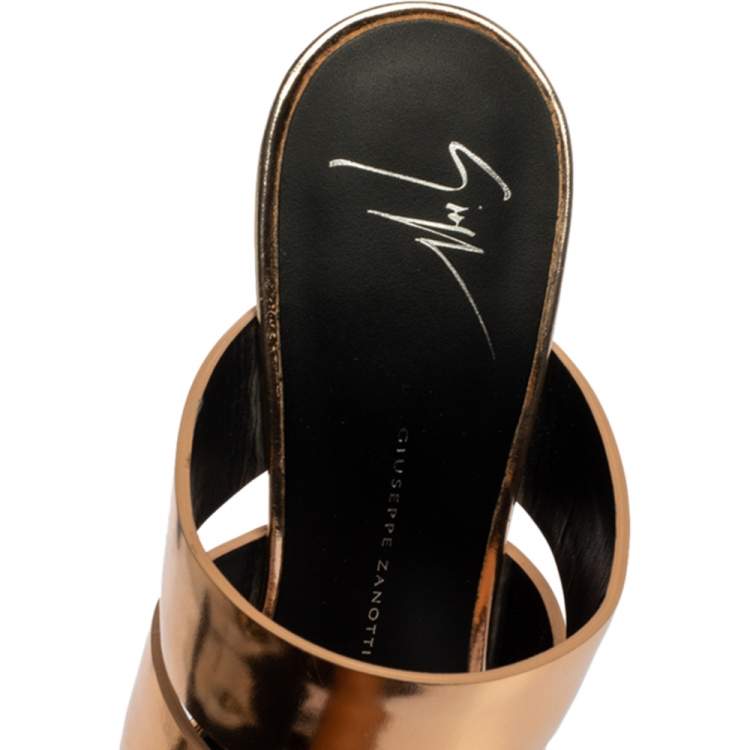 Pre Owned Giuseppe Zanotti Metallic Gold Leather Strappy Slide Sandals Size 38