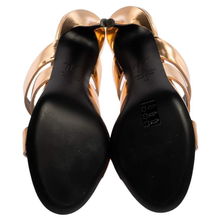 Pre Owned Giuseppe Zanotti Metallic Gold Leather Strappy Slide Sandals Size 38