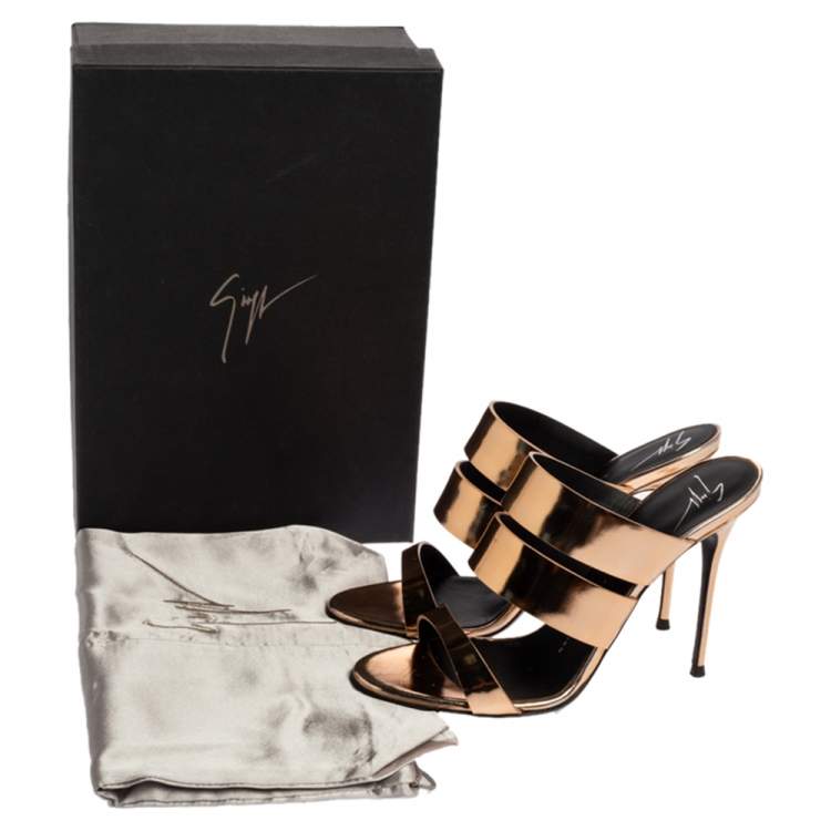 Pre Owned Giuseppe Zanotti Metallic Gold Leather Strappy Slide Sandals Size 38