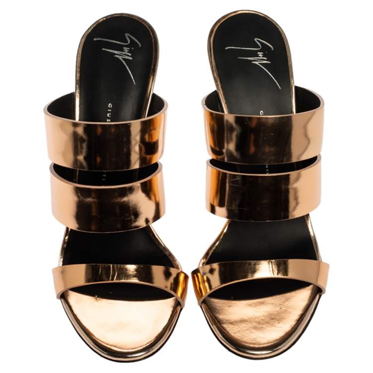Pre Owned Giuseppe Zanotti Metallic Gold Leather Strappy Slide Sandals Size 38