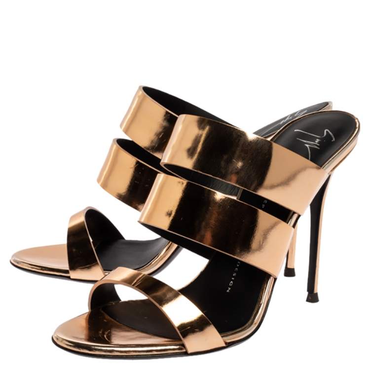 Pre Owned Giuseppe Zanotti Metallic Gold Leather Strappy Slide Sandals Size 38