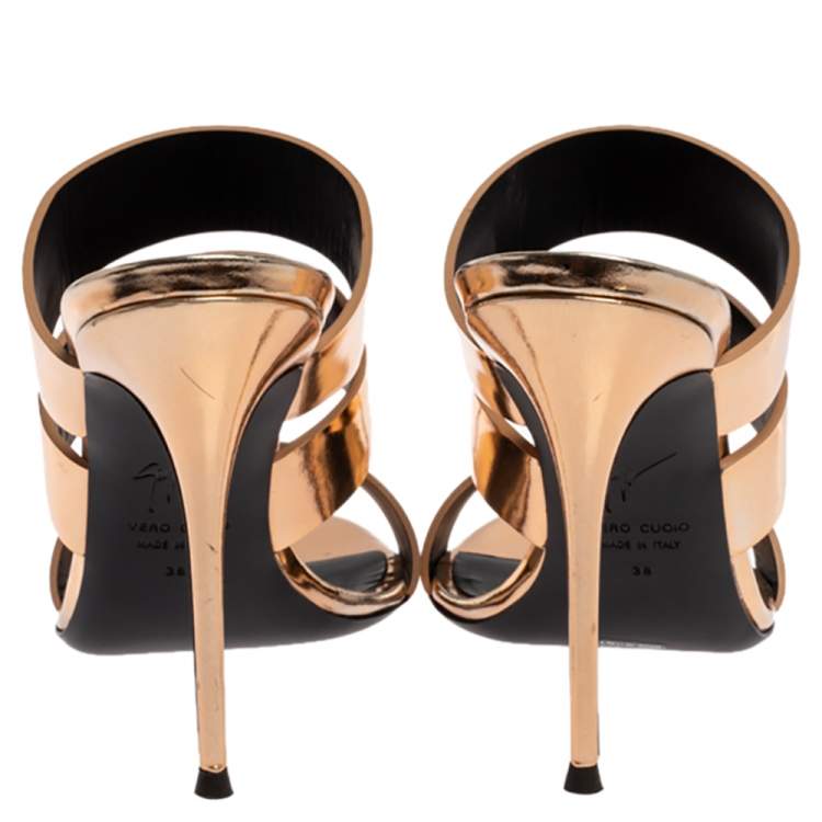 Pre Owned Giuseppe Zanotti Metallic Gold Leather Strappy Slide Sandals Size 38