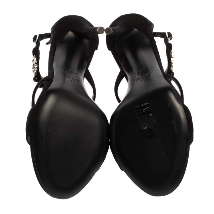 Pre Owned Giuseppe Zanotti Black Suede Crystal Embellished T-Strap Sandals Size 37