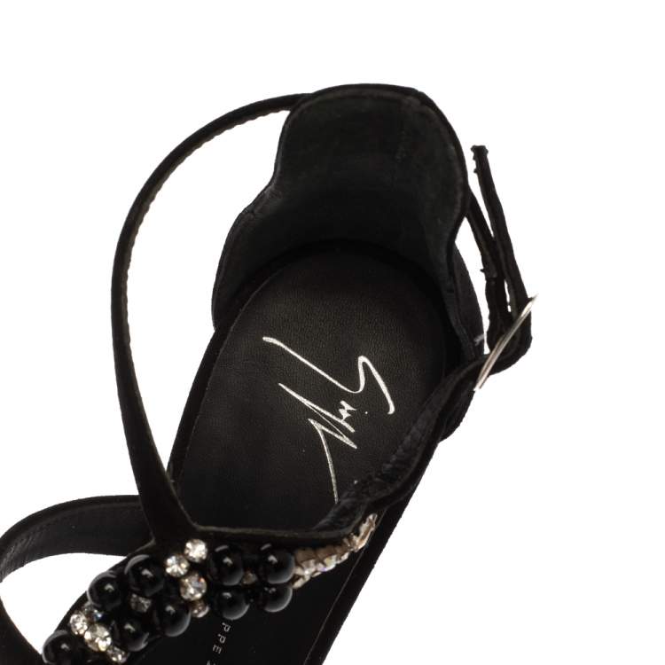 Pre Owned Giuseppe Zanotti Black Suede Crystal Embellished T-Strap Sandals Size 37