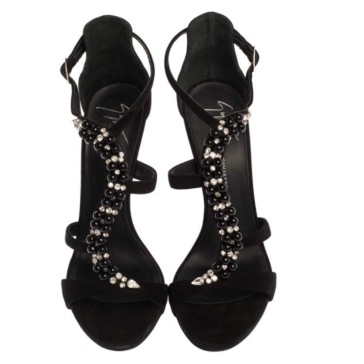 Pre Owned Giuseppe Zanotti Black Suede Crystal Embellished T-Strap Sandals Size 37
