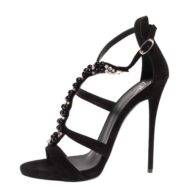 Pre Owned Giuseppe Zanotti Black Suede Crystal Embellished T-Strap Sandals Size 37