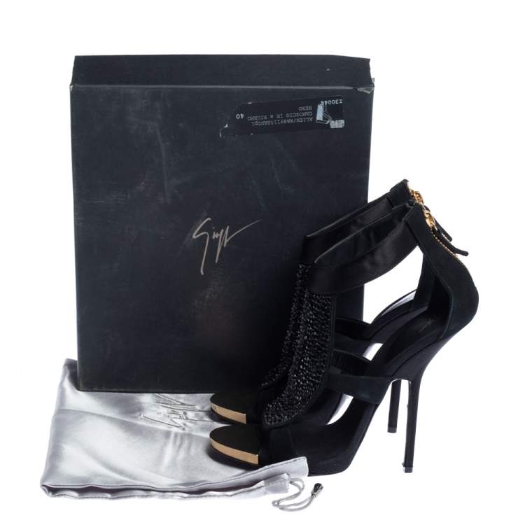 Pre Owned Giuseppe Zanotti Black Satin and Suede Crystal Embellished Ankle Strap Sandals Size 40