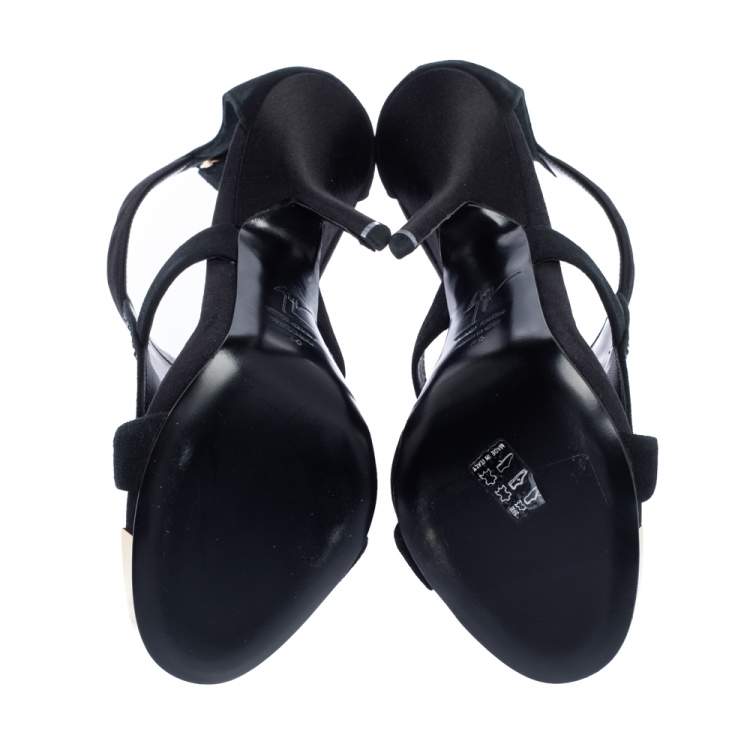 Pre Owned Giuseppe Zanotti Black Satin and Suede Crystal Embellished Ankle Strap Sandals Size 40