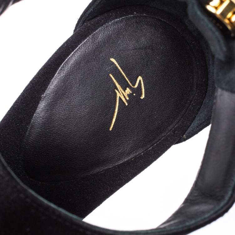 Pre Owned Giuseppe Zanotti Black Satin and Suede Crystal Embellished Ankle Strap Sandals Size 40