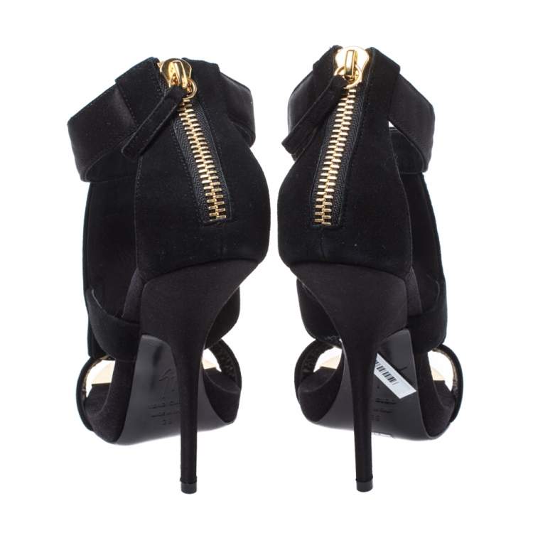 Pre Owned Giuseppe Zanotti Black Satin and Suede Crystal Embellished Ankle Strap Sandals Size 40