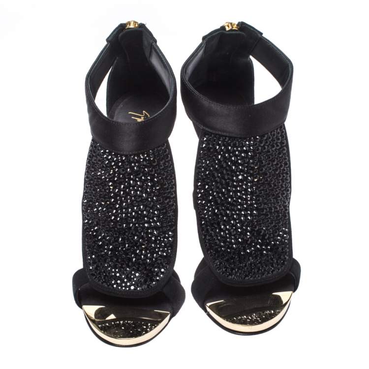 Pre Owned Giuseppe Zanotti Black Satin and Suede Crystal Embellished Ankle Strap Sandals Size 40