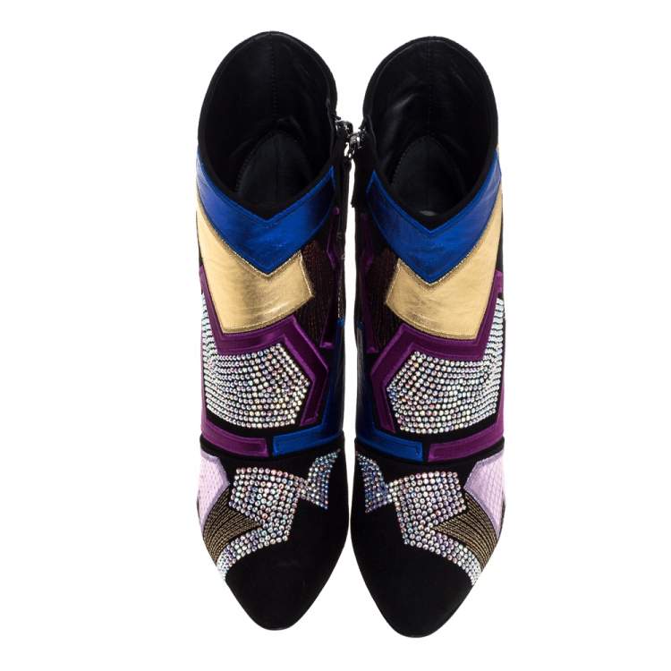 Pre Owned Giuseppe Zanotti Black Suede Patchwork Ankle Boots Size 40