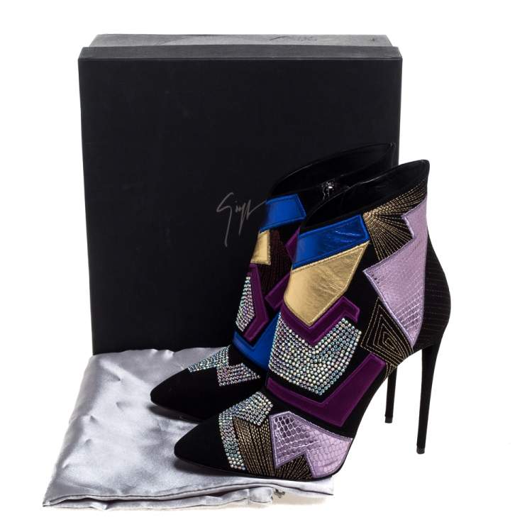 Pre Owned Giuseppe Zanotti Black Suede Patchwork Ankle Boots Size 40