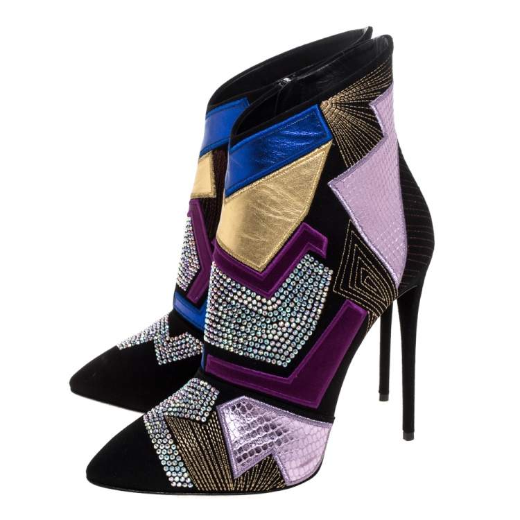 Pre Owned Giuseppe Zanotti Black Suede Patchwork Ankle Boots Size 40