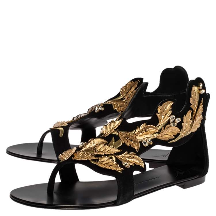 Pre Owned Giuseppe Zanotti Black/Gold Suede Metal Leaf Embellished Flat Sandals Size 41