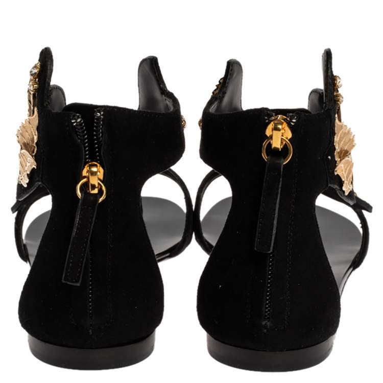Pre Owned Giuseppe Zanotti Black/Gold Suede Metal Leaf Embellished Flat Sandals Size 41