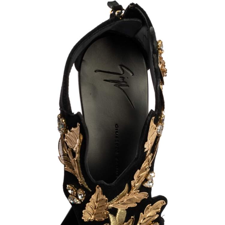 Pre Owned Giuseppe Zanotti Black/Gold Suede Metal Leaf Embellished Flat Sandals Size 41