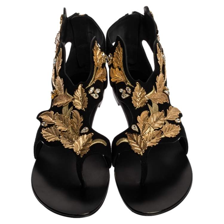 Pre Owned Giuseppe Zanotti Black/Gold Suede Metal Leaf Embellished Flat Sandals Size 41