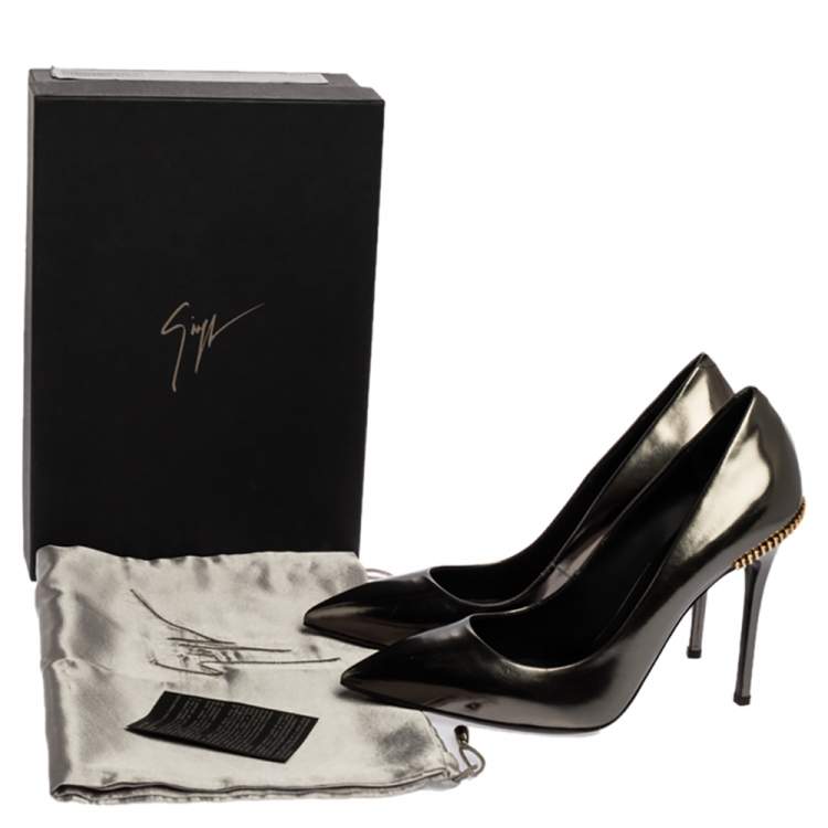 Pre Owned Giuseppe Zanotti Metallic Leather Zip Embellished Pointed Toe Pumps Size 40