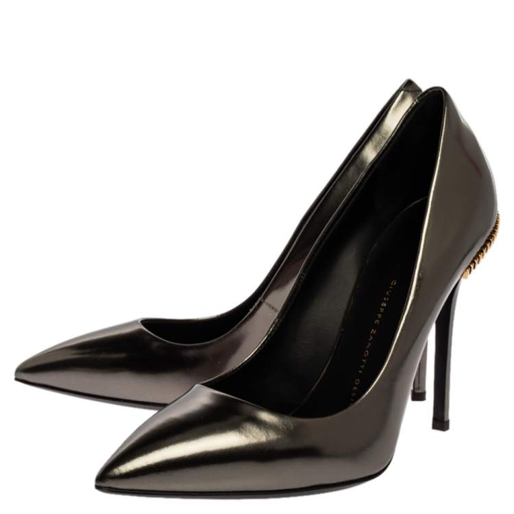 Pre Owned Giuseppe Zanotti Metallic Leather Zip Embellished Pointed Toe Pumps Size 40