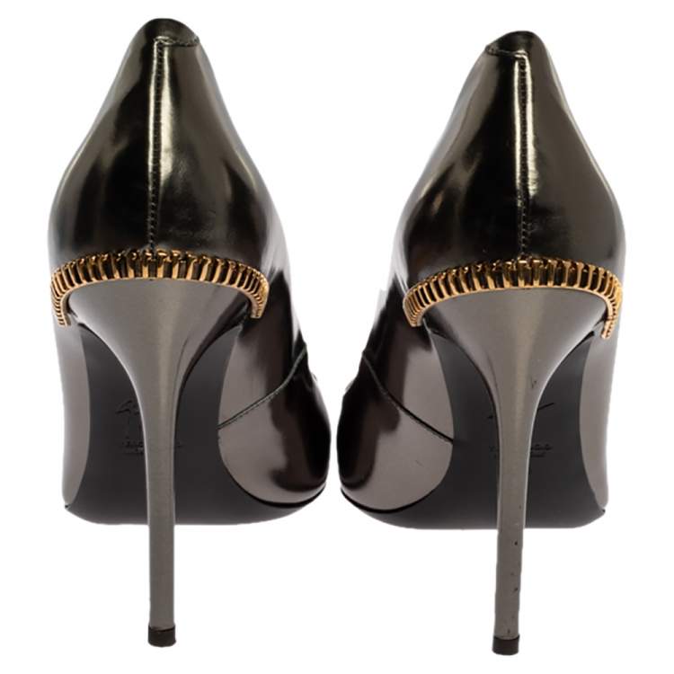 Pre Owned Giuseppe Zanotti Metallic Leather Zip Embellished Pointed Toe Pumps Size 40