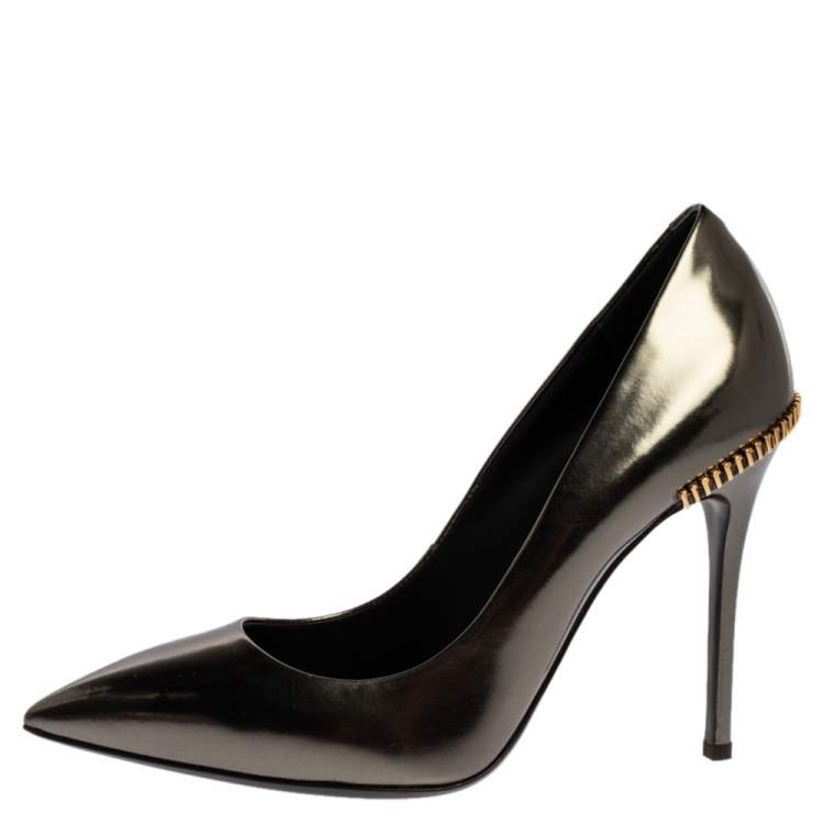 Pre Owned Giuseppe Zanotti Metallic Leather Zip Embellished Pointed Toe Pumps Size 40