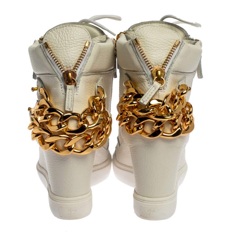Pre Owned Giuseppe Zanotti White Leather Chain Detail High Top Wedge Sneakers Size 40