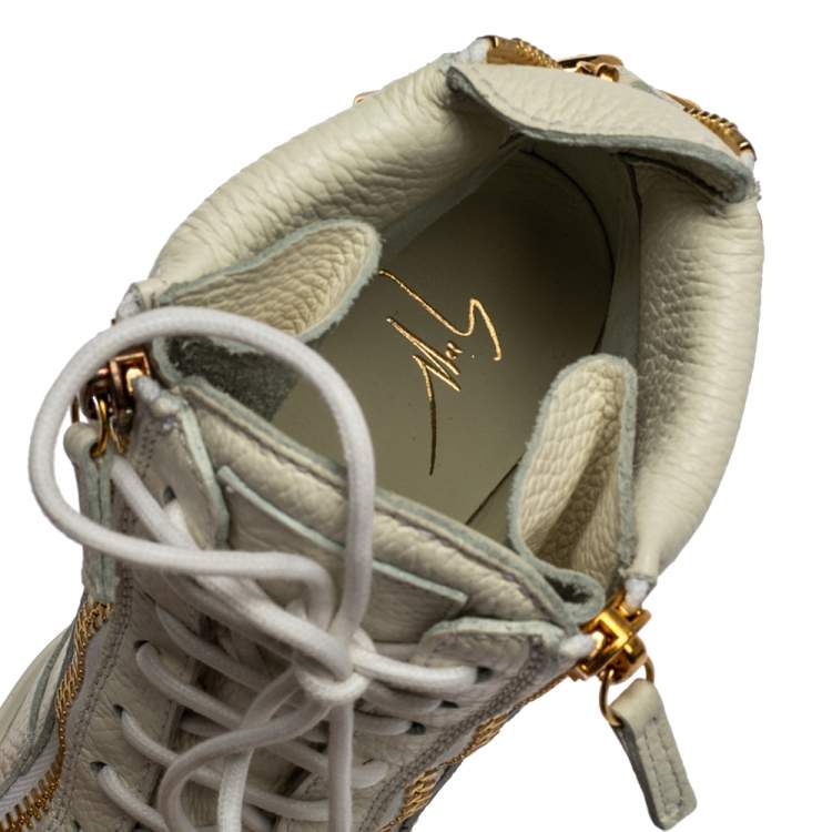 Pre Owned Giuseppe Zanotti White Leather Chain Detail High Top Wedge Sneakers Size 40
